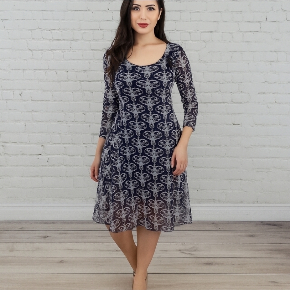 Love Moschino Navy Lace Mesh Flocked Dress Scoop Neck Fit & Flare S
